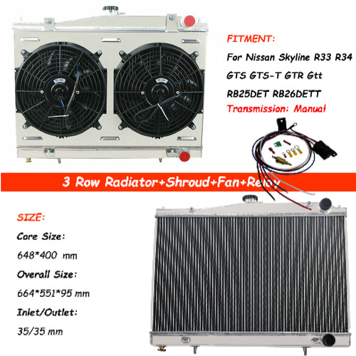 3Row Radiator+Shroud+Relay For Nissan Skyline R33 R34 GTS GTS-T GTR GTT RB26DETT - Picture 3 of 19