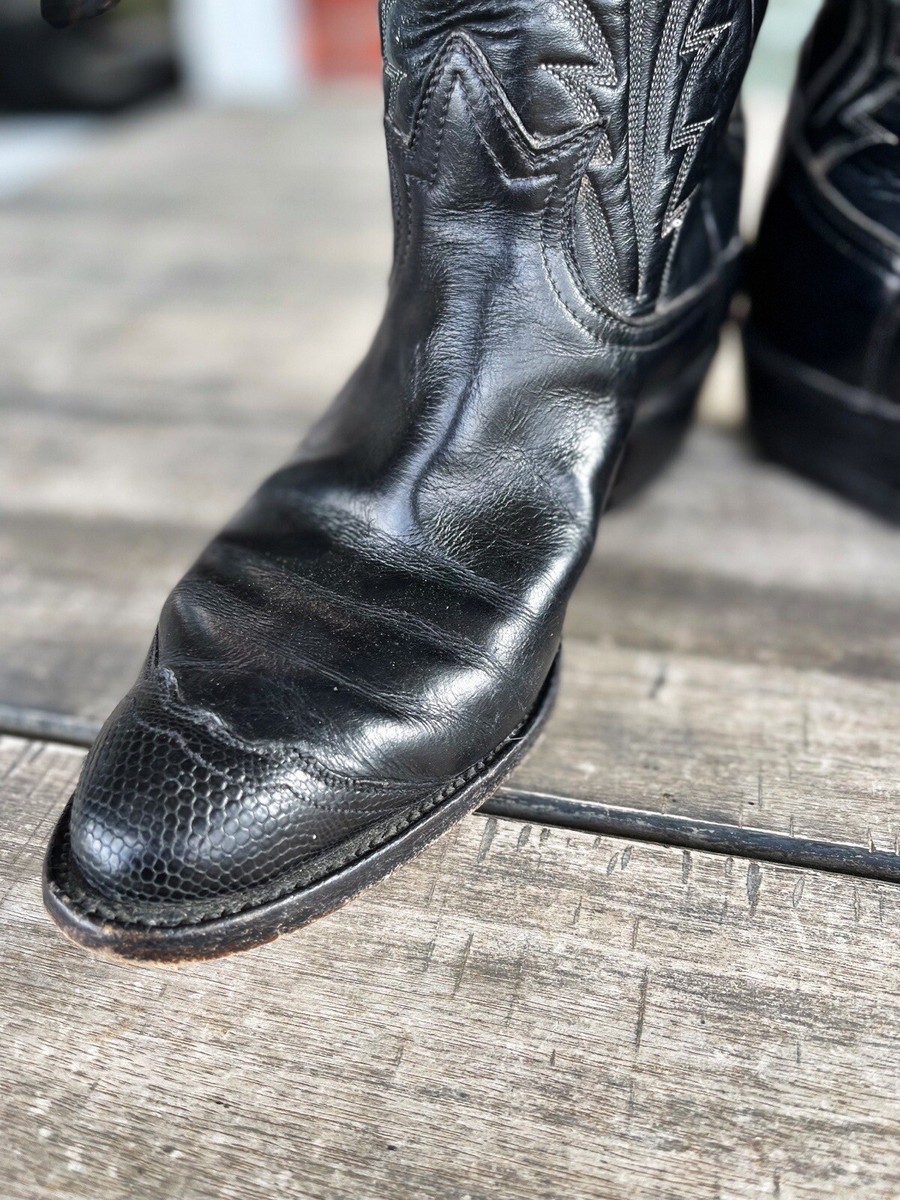 Vintage Tony Lama Black Leather Ostrich ? Toe Texas Cowboy Boots
