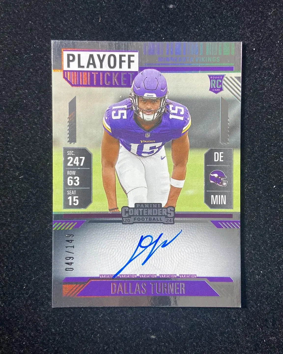 2024 Contenders Playoff Ticket Variation Dallas Turner RC Rookie Auto 49/149 TOM