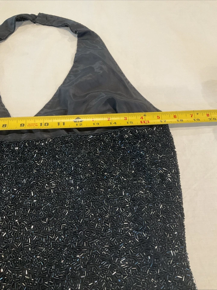 Top halter de colección Hugo Buscati para mujer negro 100 % seda con cuentas talla 14 vacaciones Foto 4 de 4