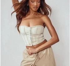 Pretty Little Thing Washed Stone Denim Hook And Eye Corset Top - NWT - Size 6