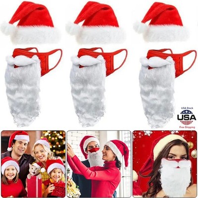 Plush Christmas Hat Santa Claus Beard Face Mask for Adults Xmas Party Costume US