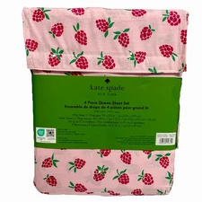 Kate Spade RASPBERRIES Print Cotton Sheet Set With Holder - Pink - NWT - Queen