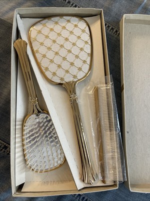 Vintage 3 Piece Gold Tone Embroidered Vanity Set in original box