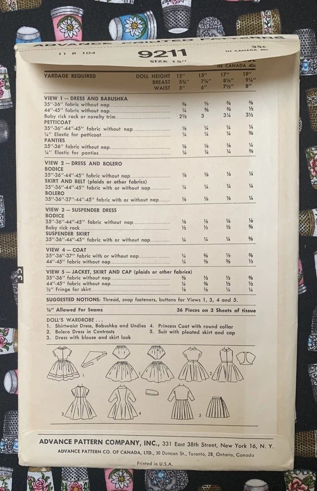 *De colección* Patrón de costura Advance 9211 de 1950 para muñecas de 15” UC/FF Foto 3 de 4