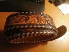 36" WESTERN HAND STITCHED LEATHER BELT WITH METAL LACING  DESERT FLOWER DESIGN