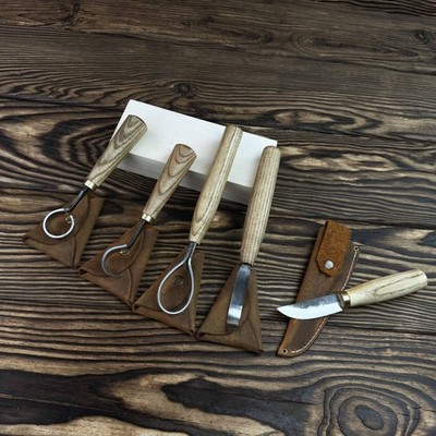 5 pieces Hand-Forged Spoon Carving Knife Set Ash Handles Steel Blades Gift Him.