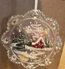 Fenton Handmade Hand Painted Iridescent Art Glass Round Snowy Cabin Ornament