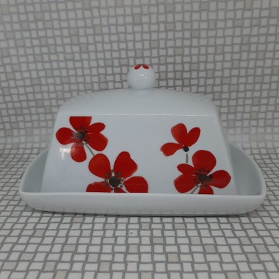 Dunelm Painted Poppy Butter Dish Ceramic Kitchen Red White Decor  Replacement UK
