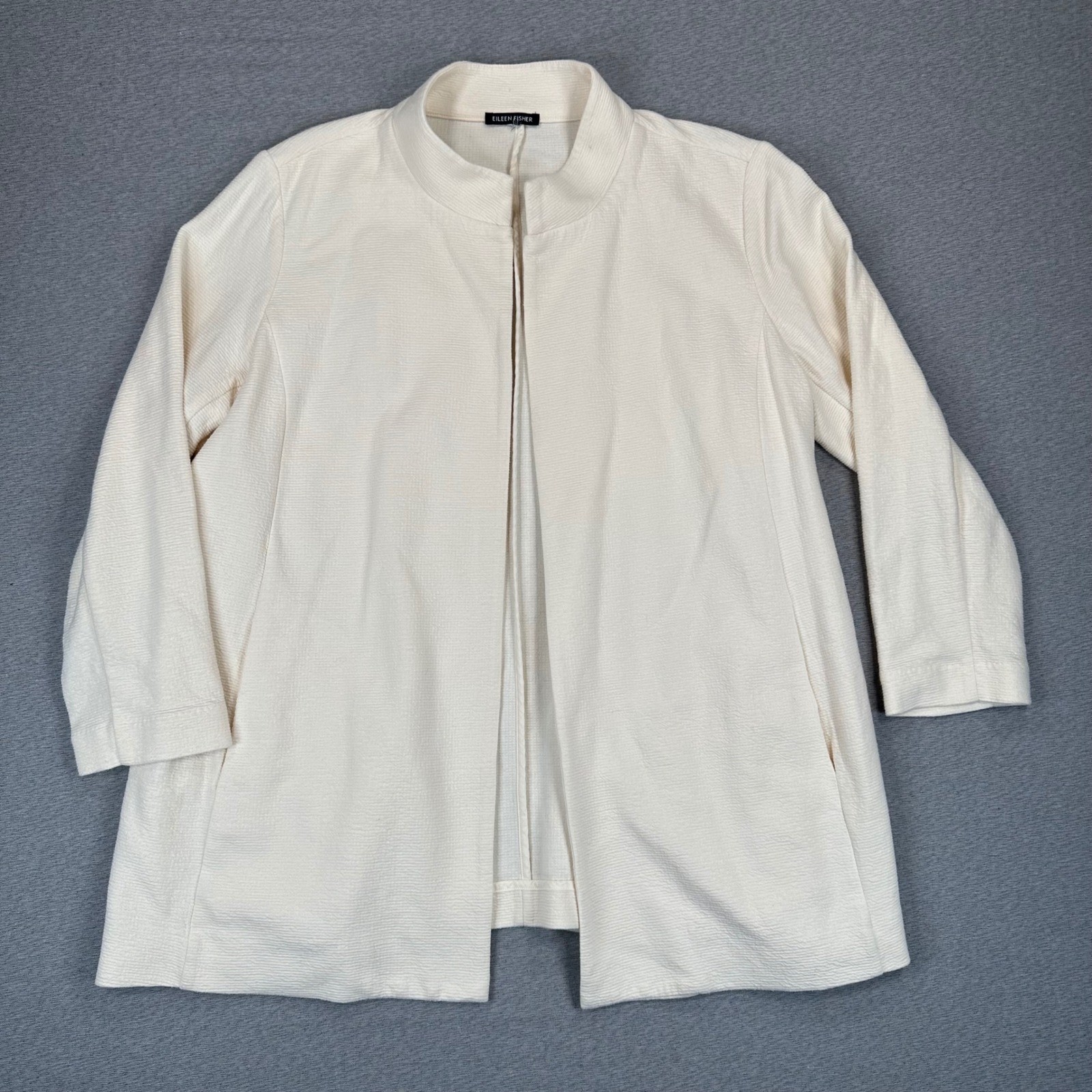 Eileen Fisher Stand-Up Collar Jacket XL Cream Textured Organic Cotton Open Front