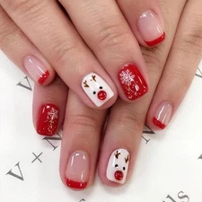 Christamas Press on Nails Short Square Fake Nails with Red French Designs Sno...