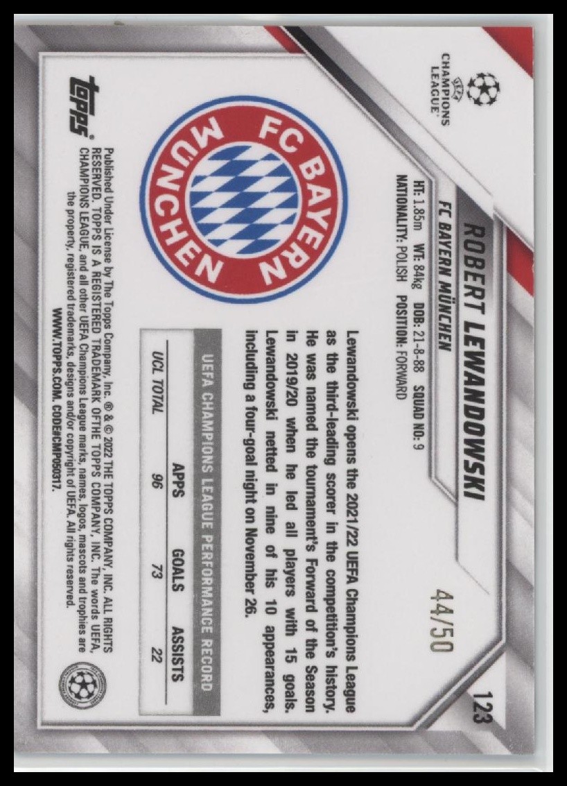 Robert Lewandowski Orange #/50 2021-22 Topps Chrome Sapphire Edition UCL #123 view 2