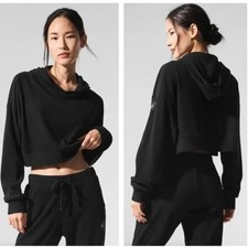 ALO Muse Hoodie Ribbed Cropped Black Sz S 3Q49 