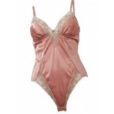 Vintage Sear Shiny Pink Satin Teddy Bodysuit Peek a Boo V Neck Womens Size 32