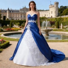 Vintage Blue White Wedding Dresses Strapless Satin Applique Ruched Briddl Gowns