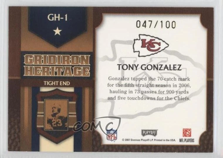2007 Playoff Prestige Gridiron Heritage Foil /100 Tony Gonzalez #GH-1 HOF - Image 2 of 2