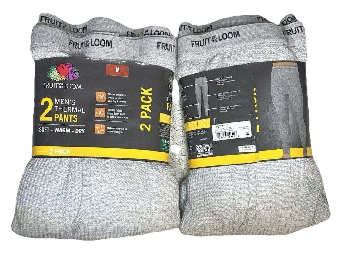2 X FRUIT OF THE LOOM Mens M Gray 2 Pack Thermal Waffle Base Layer Pant Cotton