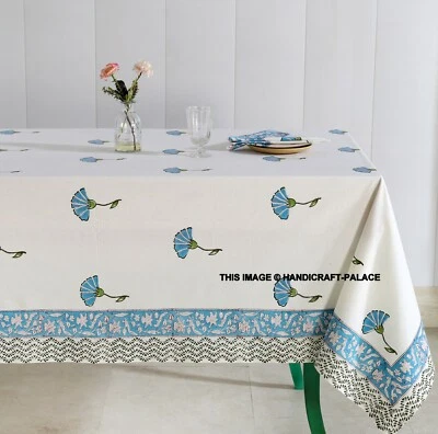 Aqua Gloire Floral Coton Bloc Imprimé Nappe Serviette Set 4,6, 8,10, 12 Place - Photo 1/4