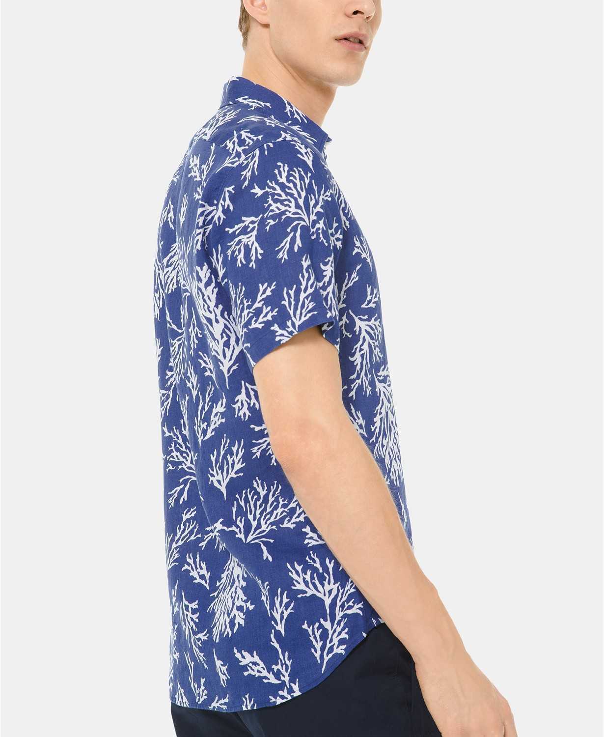 Michael Kors Mens Slim Fit Coral Print Linen Button Down Shirt 