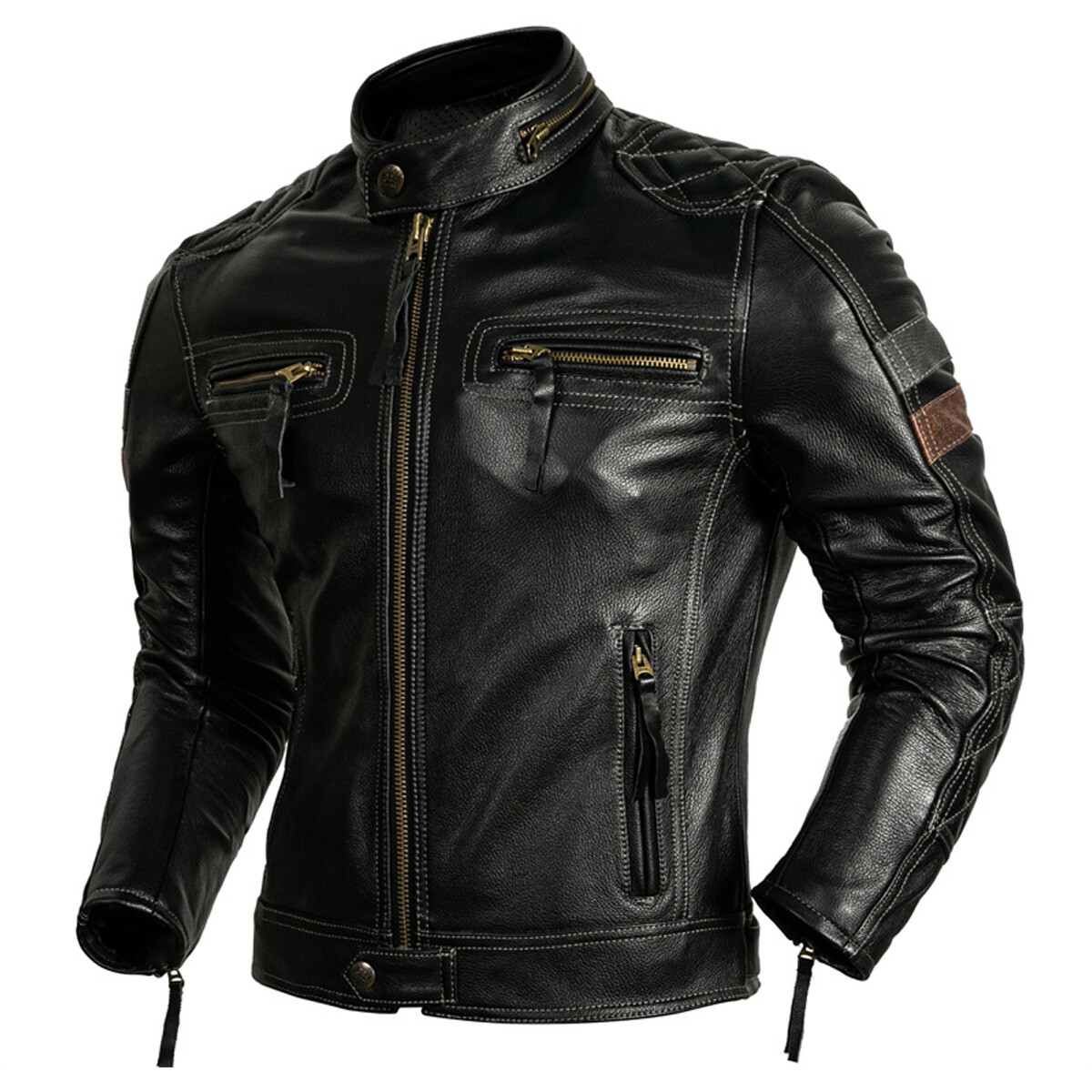 Men's Black Biker Genuine Cowhide Stand Collar Multi-Zippers Moto