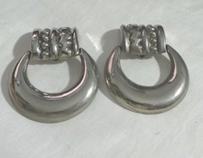 VINTAGE LARGE SILVER PLATED HOOP EARRINGS CLIPS NICE DETAIL TOP 3' by 2.5'
