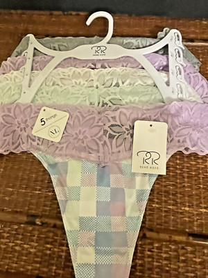 Rene Rofe Thong Panty XL 5 pair lace trim, white, green,orchid, grey, checked/