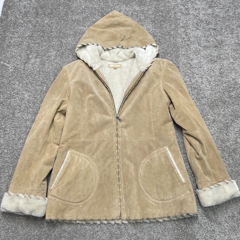 WILSONS LEATHER Coat Heavy Tan Suede Leather Jacket Hooded Faux Fur ...