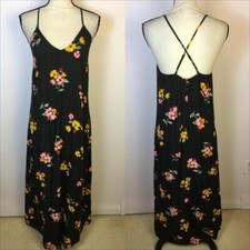 Old Navy Maxi Slip Dress Size M Womans Black Floral Polka Dot V-neck Cross Back