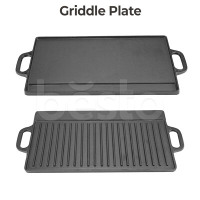 45cm Griddle Plate Cast Iron Reversible BBQ Skillet Fry Pan Grill