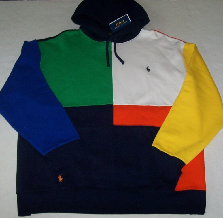 Polo Ralph Lauren COLOR BLOCK 4 PONY felpa con cappuccio in pile nuova con etichette uomo 3XB BELLA