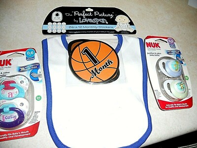 NEW NUK 2 PK BPA FREE ORTHOPEDIC PACIFIERS 0-2 & 0-6 MNTH & BIB W/MNTHLY INSERTS