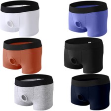 Men's 4.5cm Open Pouch Hole Boxer Shorts Cockring Panties Cotton Underwear Trunk
