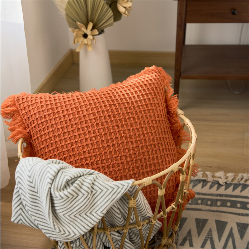Pom Pom Cushion Cover – Knitted Tassel Pillow Case In Green Chenille, 45cm Square