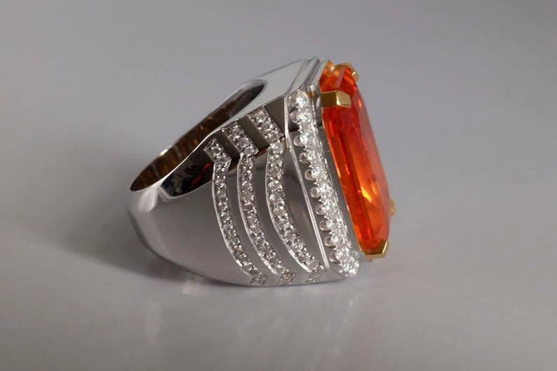 Anillo para hombre naranja oscuro enorme corte esmeralda 27,32 quilates citrino con corte brillante circonita cúbica Foto 3 de 4