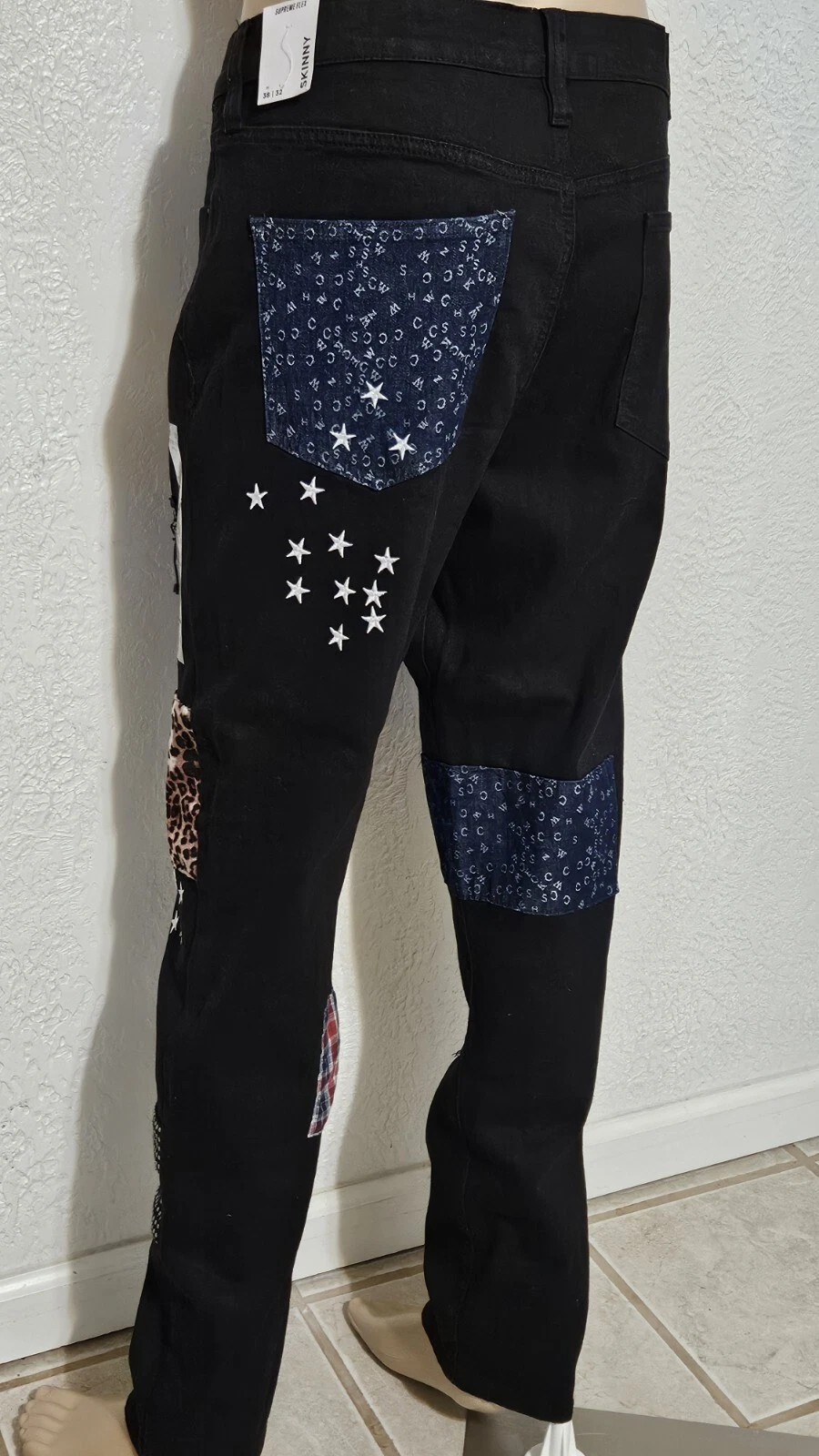 Superbe jean noir Rue 21 Supreme Flex patchwork skinny denim vieilli 38x32