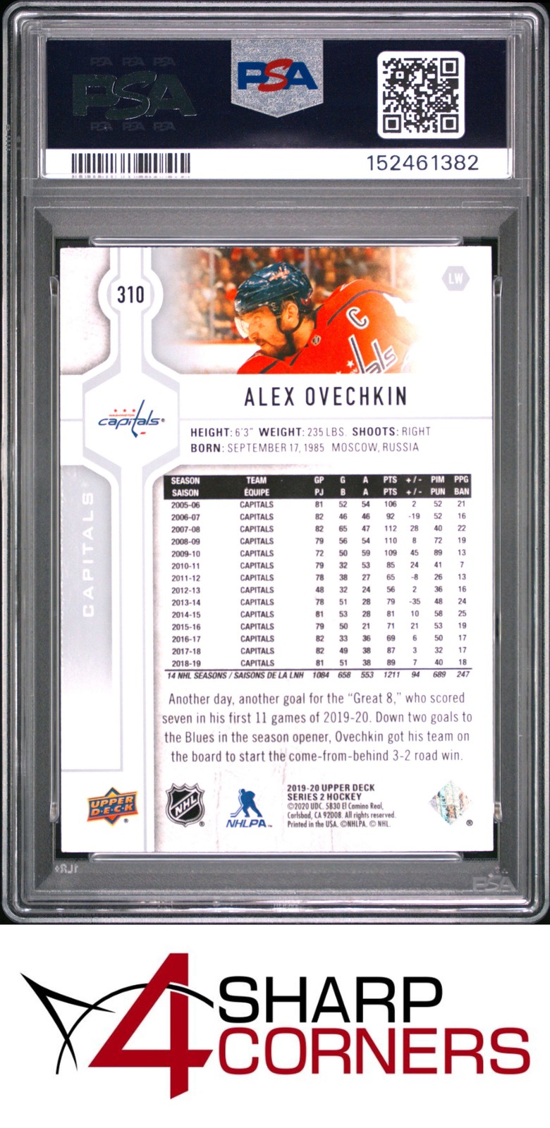 2019 UPPER DECK #310 ALEX OVECHKIN CAPITALS PSA 10 view 2