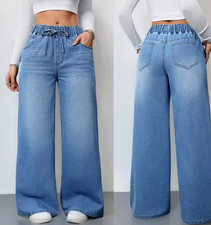 Wide Leg Pants Jeans Women Washed Denims Elastic Waist Lace Up Streetwear