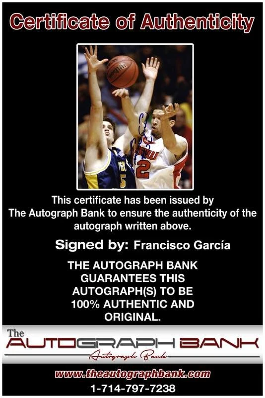 Foto firmada por Francisco García de baloncesto de la NBA de 8x10 con certificado autografiado 018 Foto 2 de 2