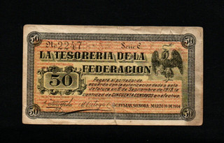 50 CENTAVOS VG BANKNOTE FROM MEXICO 1914 PICK S1059