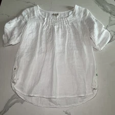 Lina Tomei Size Small Made In Italy White Linen Short Roll Tab Sleeves Pleated