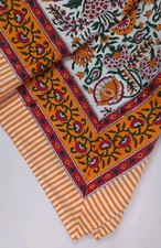 Orange Green Block Print Tablecloth Floral Cotton Bright Spring Summer 62 x 60
