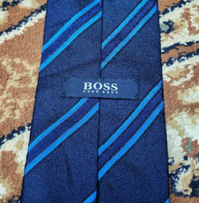 mens vintage Hugo Boss classic 100 all silk Retro luxury Repp navy neck tie