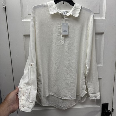 NWT Croft & Barrow Linen Blend Tunic Top White Roll Tab Button Medium