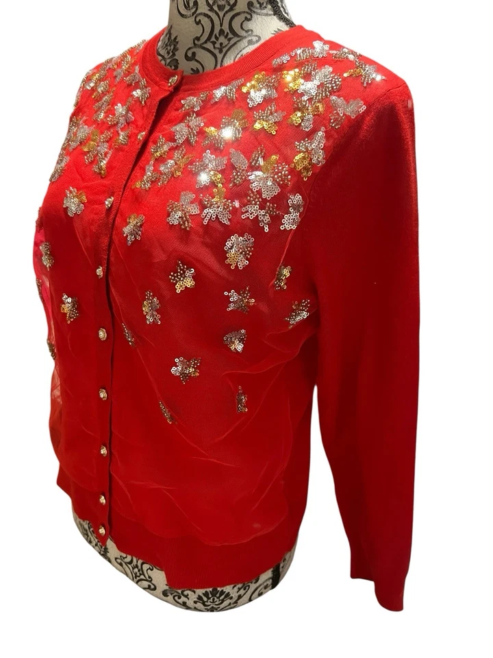 Cárdigan suéter Charter Club para mujer talla L lentejuelas rojas estrás botones nuevo Foto 2 de 4