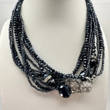 Vintage 80s 70s Multi-Strand Black Beaded Statement Necklace Boho Jewelry