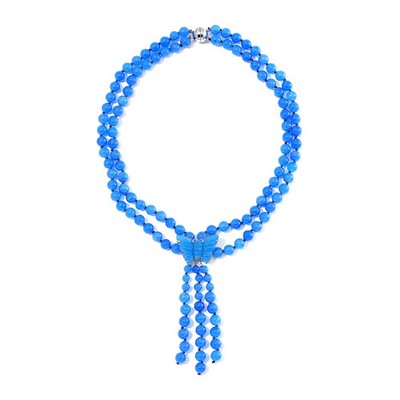 2 Piece Set - Blue Jade (D) 570 ctw Carved Butterfly Pendant and 2 Row Beaded