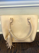 Tory Burch Beige Pebbled Satchel Top Handle Zip Tassel Logo Gold Hardware