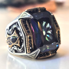    925 Sterling Silver Mystic Topaz Ring   Bold Faceted Cut, Gothic Design