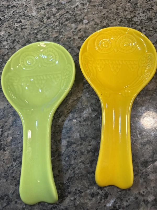 Sweejar Owl Spoonrest Set Of 2 Lead Free Ceramic Yellow And Green
