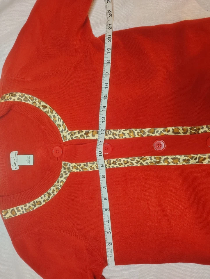 Kim Rogers sweater Cardigan Red Cheetah Trimmed 3/4 Sleeve Women's Size Large - Image 4 of 4